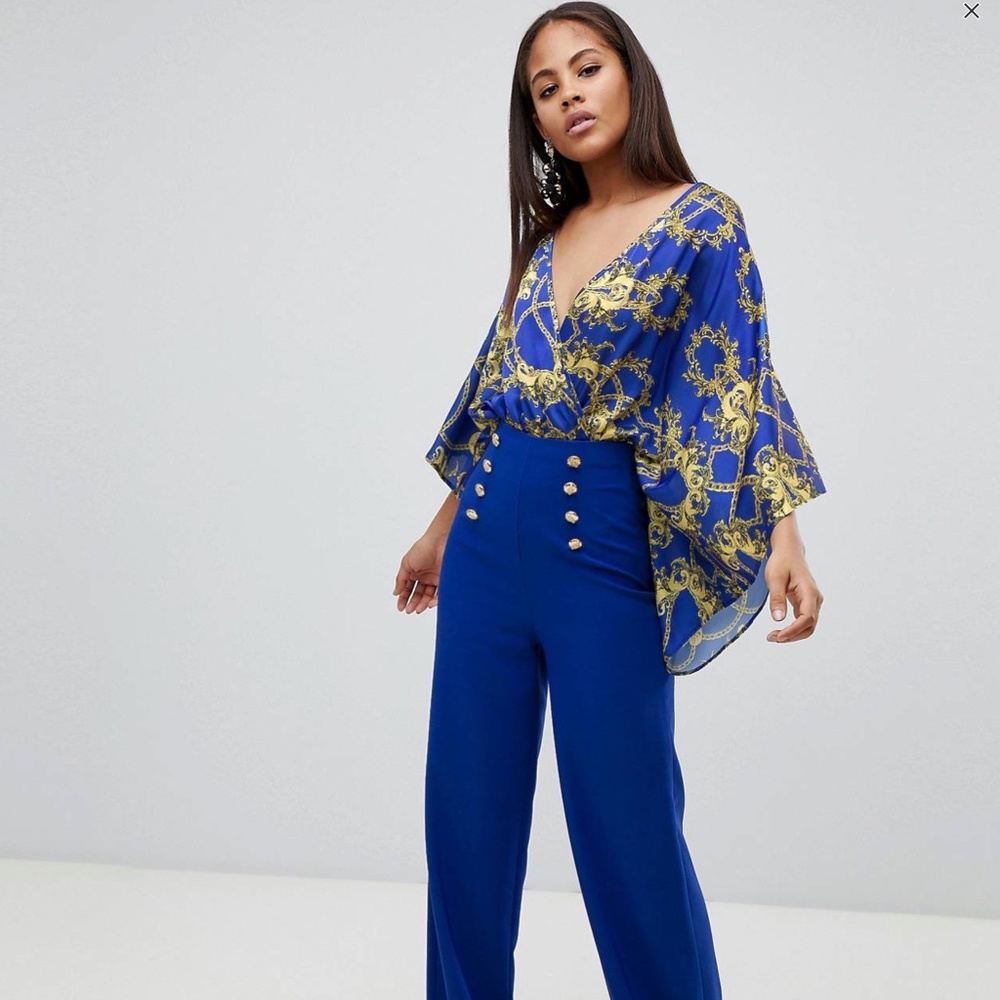 Flounce London Tall bodysuit in cobalt blue chain print